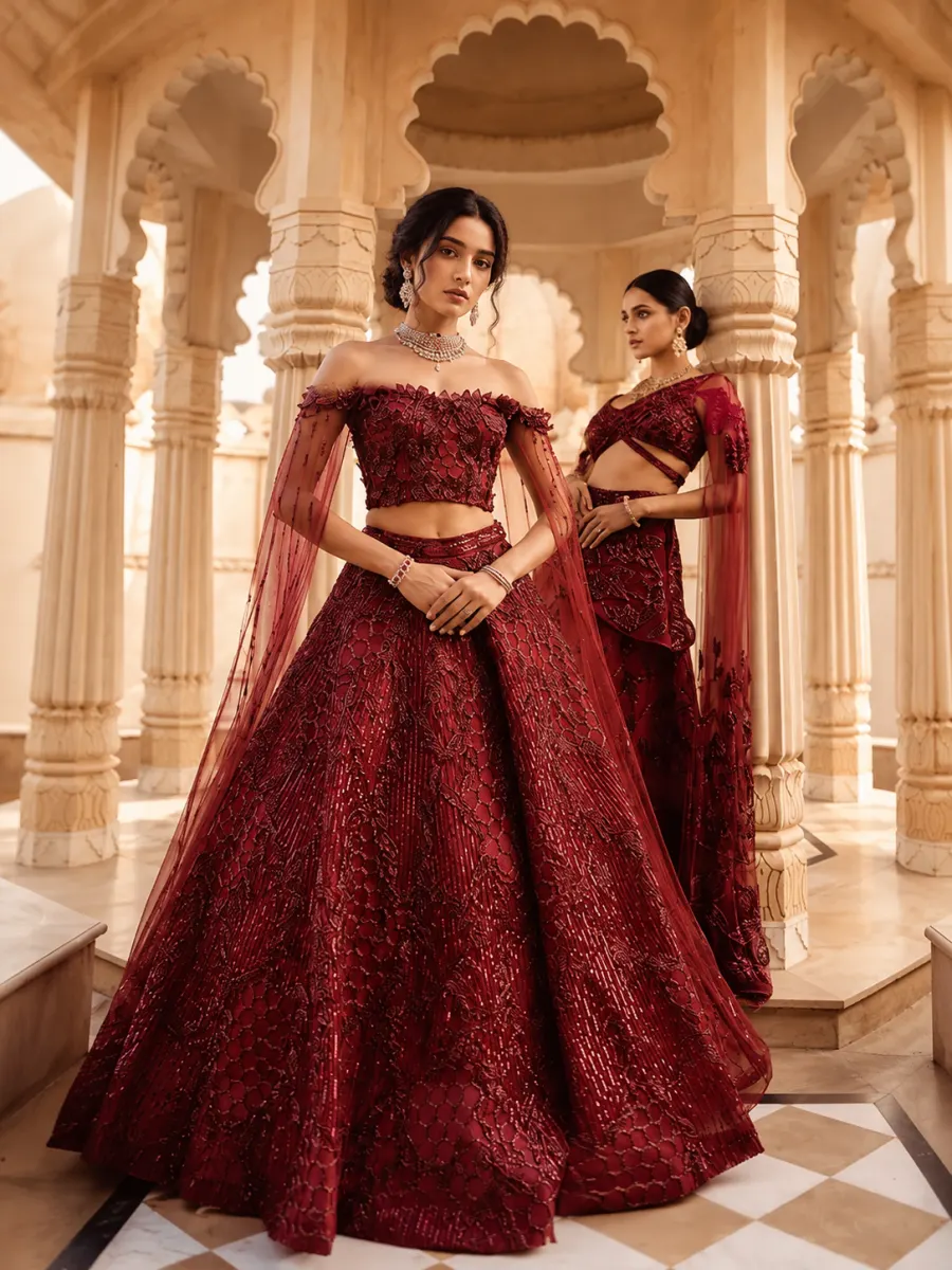 Women in deep red wedding outfits