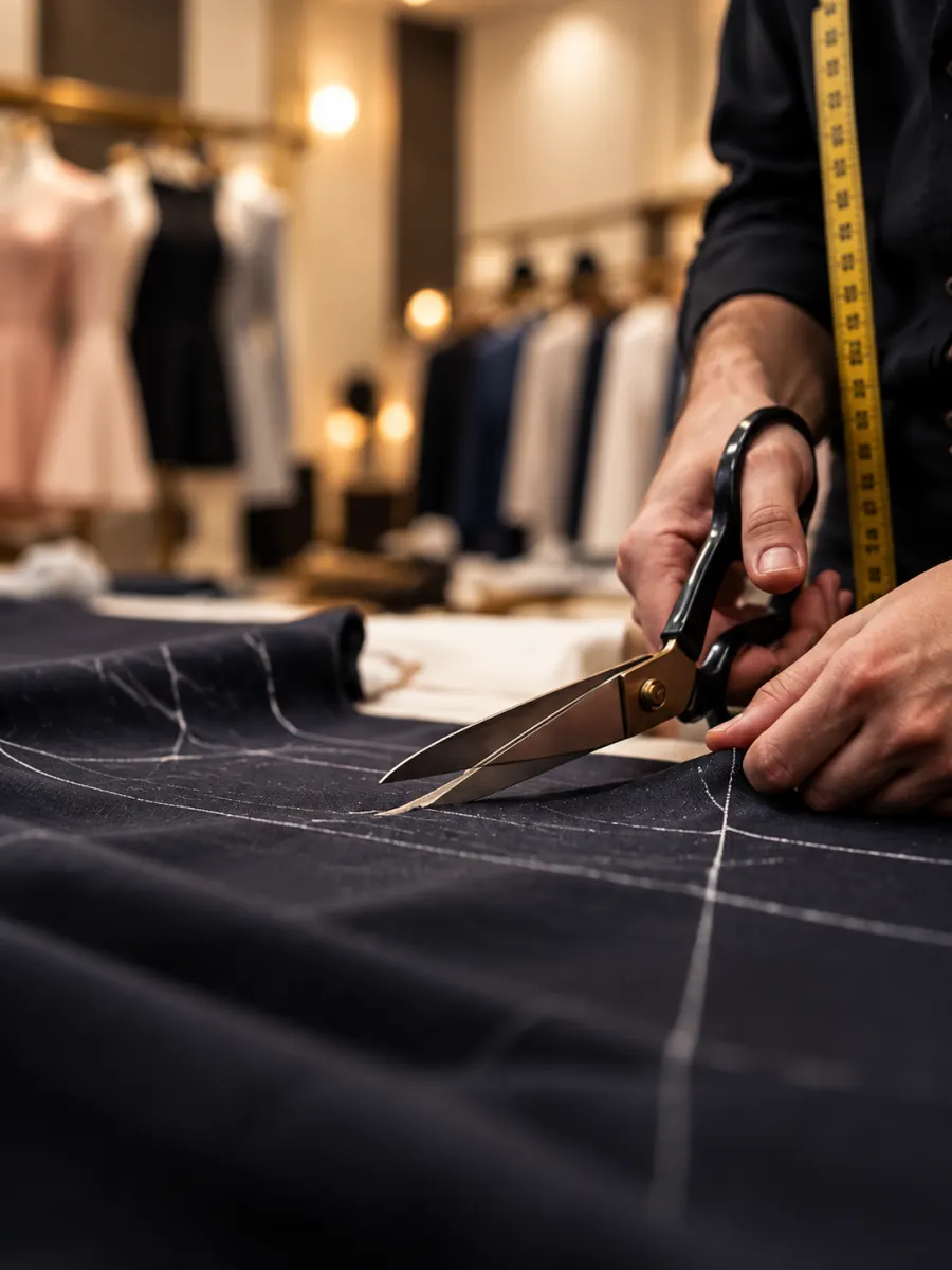 Tailor cutting navy fabric